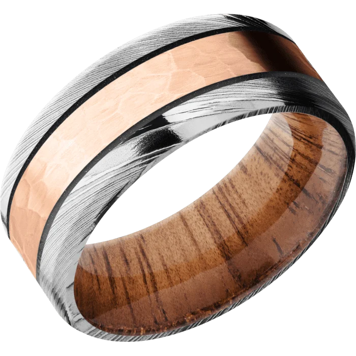 Ladies Rings with Sky Celestite-9mm wide Beveled Damascus Steel Ring with Polish Damascus Finish / One 4mm Centered 14k Rose Gold Inlay with Hammer Finish and Dark Grey Cerakote Accents / Koa Sleeve