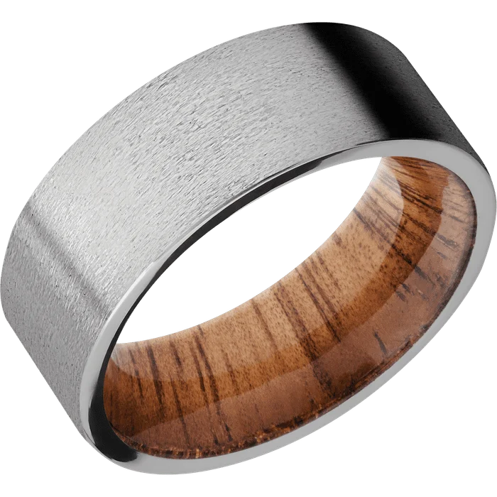 Ladies Rings with Galaxy Stone-8mm wide Flat Titanium Ring with Stone Finish / Koa Sleeve