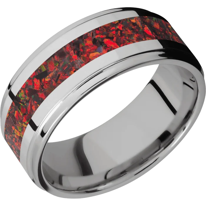 Ladies Rings for Bride Glow-9mm wide Flat Grooved Edges Titanium Ring with Polish Finish / One 4mm Centered Ruby Red Opal Inlay