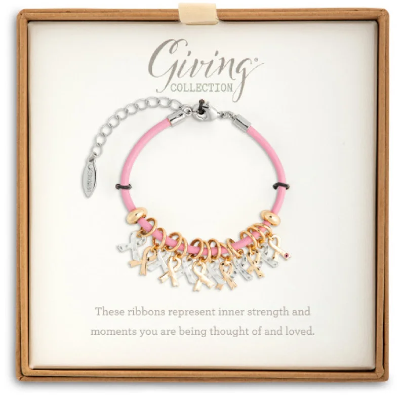 Ladies sleek onyx bracelets -Pink Ribbon Giving Charm Bracelet