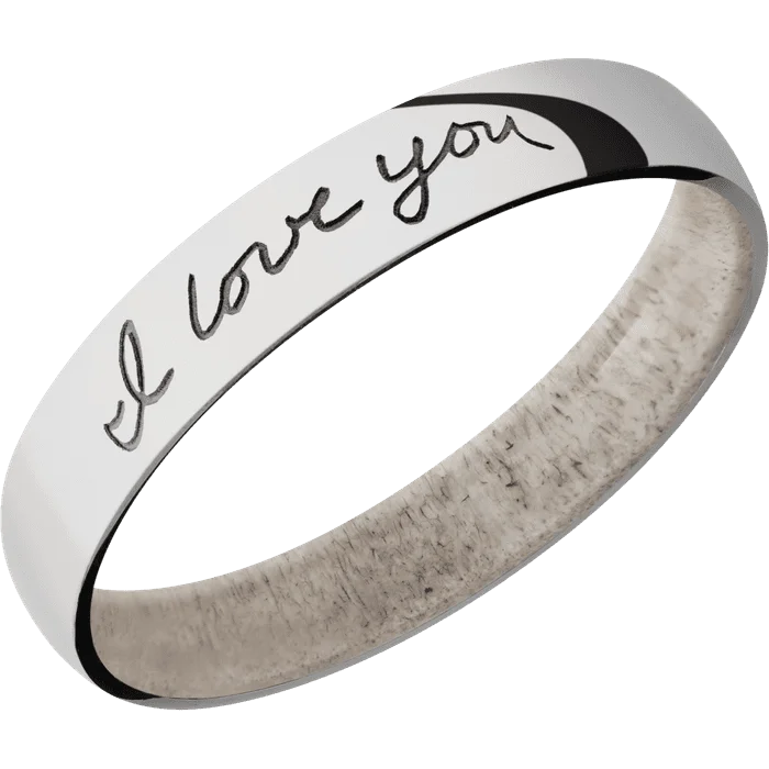 Ladies Rings for Lawyer Shine-4mm wide Domed 14k White Gold Ring with Polish Finish / Hand Writing Design / Antler Sleeve