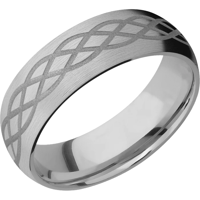 Ladies Rings Timeless Shine-7mm wide Domed Titanium Ring with Satin Finish / Celtic 6 Design and Crushed Silver Cerakote Accents