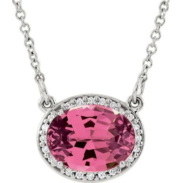 Ladies harmonious flair necklaces -14KT GOLD 2.10 CT PINK TOURMALINE & 0.05 CTW DIAMOND OVAL HALO NECKLACE