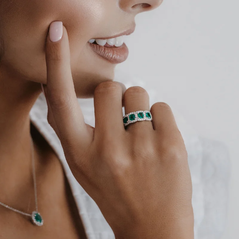 Ladies Rings for Grad Spark-Emerald & Diamond Cushion Shapes Ring