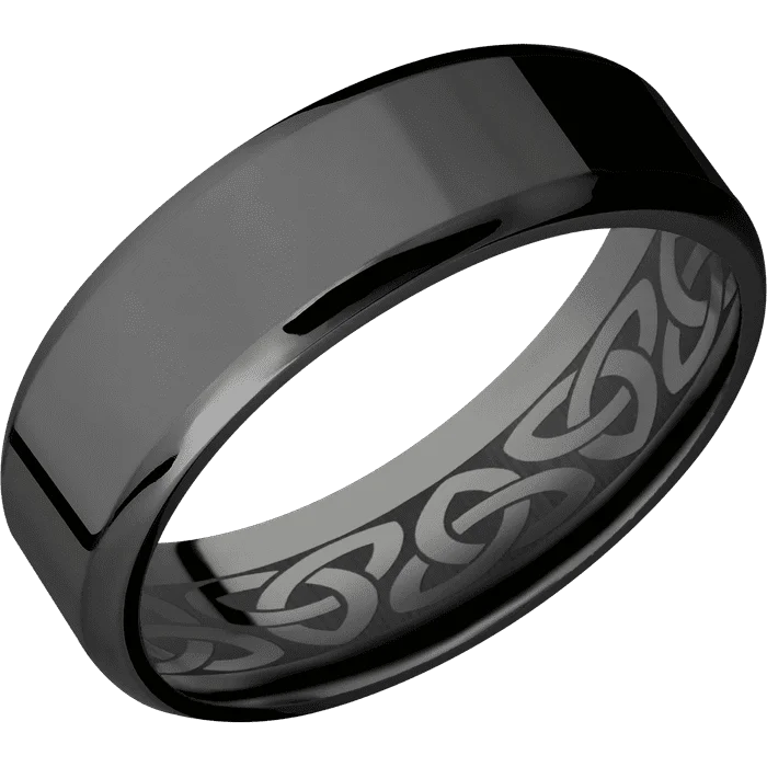 Ladies Rings with Grey Hematite-7mm wide Beveled Black Titanium Ring with Polish Finish / None Interior Pattern