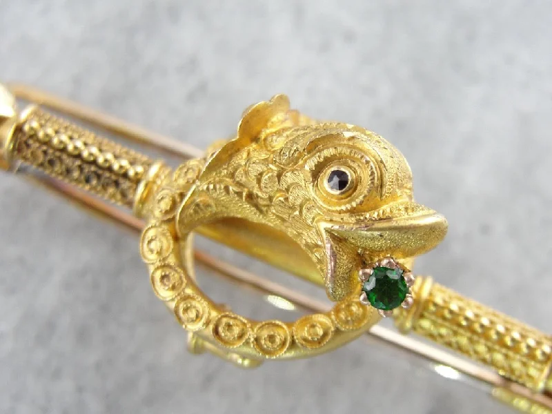 Ladies orbit glow brooches -Etruscan Revival Dolphin Brooch with Demantoid Garnet Accent