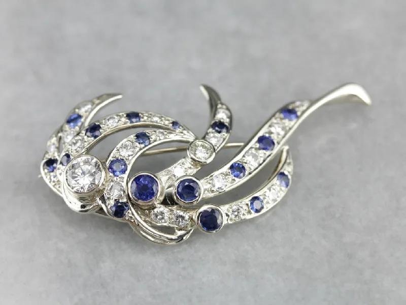 Ladies brave charm brooches -Retro Era Diamond and Sapphire Cocktail Brooch