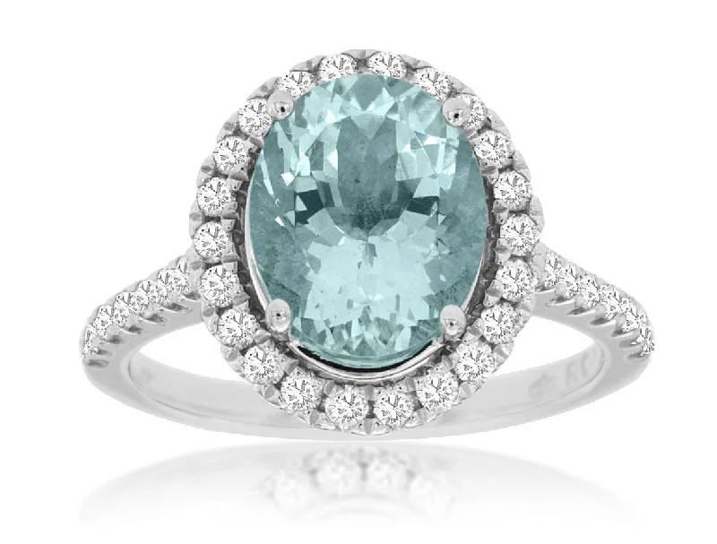 Ladies Rings with Brown Astrophyllite-14K White Gold Oval Aquamarine Diamond Halo Ring