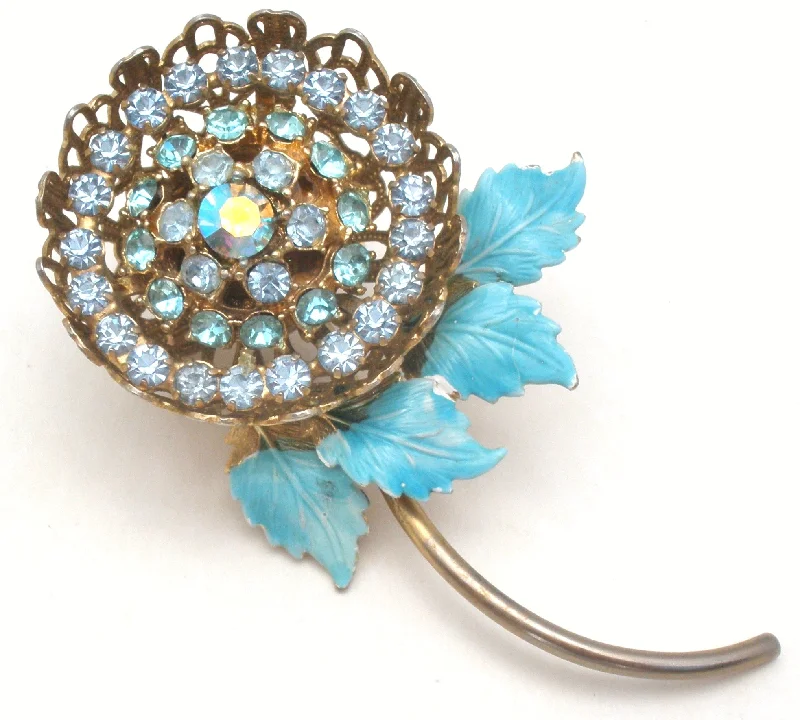 Ladies starry charm brooches -Blue Enamel & Rhinestone Flower Brooch Pin Vintage