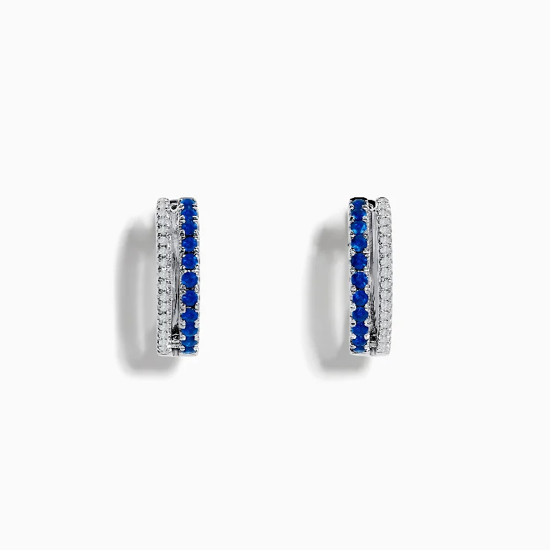 Ladies Earrings for Music Spark-Royal Bleu 14K White Gold Blue Sapphire and Diamond Huggie Earrings