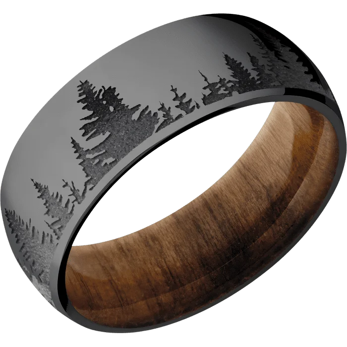 Ladies Rings with Globe Spark-8mm wide Domed Black Titanium Ring with Polish Finish / Trees Design and Dark Grey Cerakote Accents / Teak Sleeve