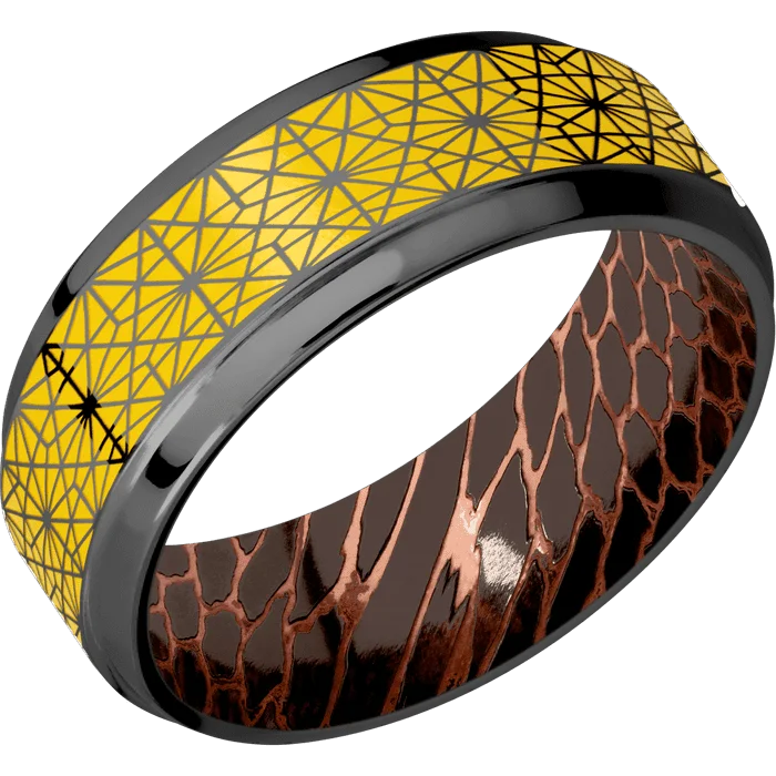 Ladies Rings Petite Spark-8mm wide Stepped Bevel Black Titanium Ring with Polish Finish / Celestial Design and Corvette Yellow Cerakote Accents / Darkened Superconductor Sleeve