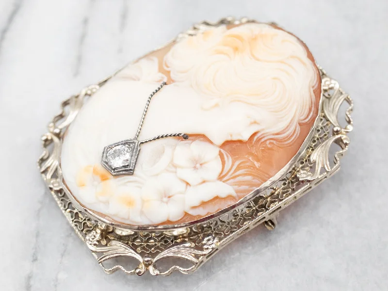 Ladies delicate enamel brooches -Classic Yellow Gold Cameo Brooch or Pendant with Diamond Accent