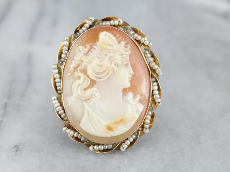 Ladies fluttering butterfly brooches -Vintage Cameo Brooch or Pendant with Seed Pearl Accents