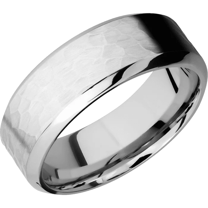 Ladies Rings with Hex Shine-8mm wide High Bevel Palladium Silver Ring with Hammer Finish