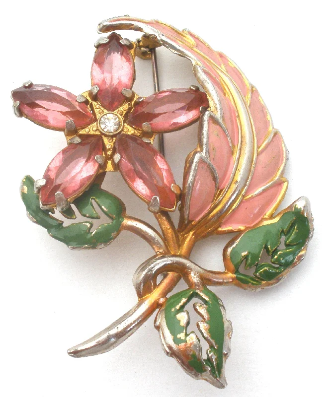 Ladies rustic charm brooches -Pink Rhinestone & Enamel Flower Brooch Vintage