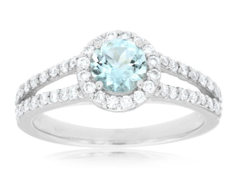 Ladies Rings for Dream Spark-14K White Gold Round Aquamarine Halo Diamond Ring