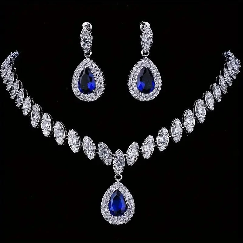 Ladies Earrings with Custom Shine-3pcs SILVER Blue Jewelry Set l Rhinestone Earrings l Necklace l Bracelet l Prom l Wedding JS-938