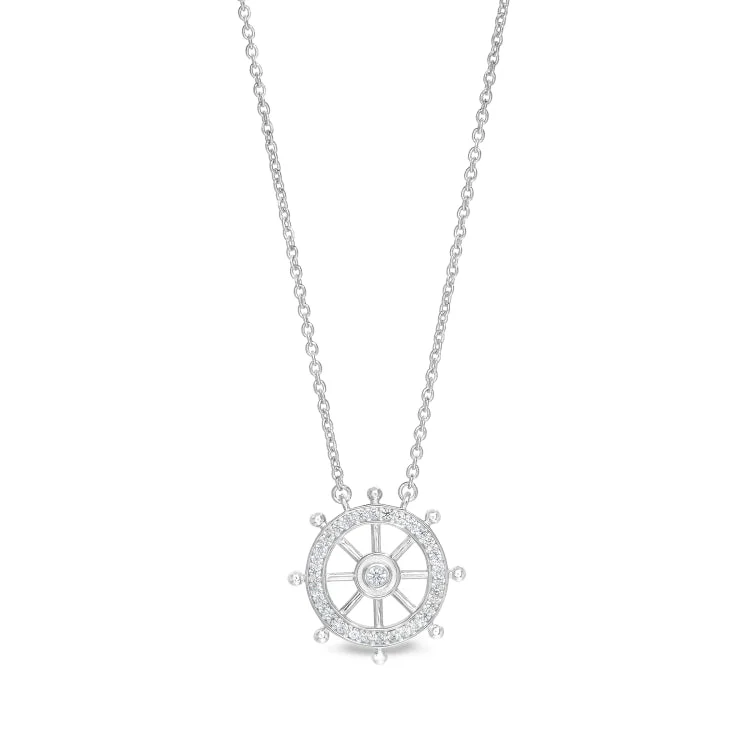 Ladies peaceful jade necklaces -Platinum Finish Sterling Silver Micropave Ship's Wheel Necklace with Simulated Diamonds on 16" - 18" Adjustable Chain