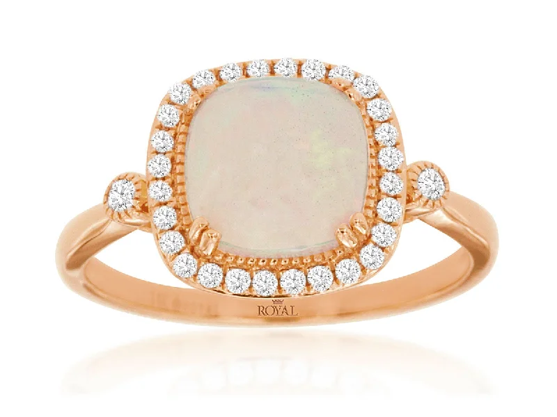 Ladies Rings with Gold Amber-14K Rose Gold Cushion Cut Opal Halo Ring