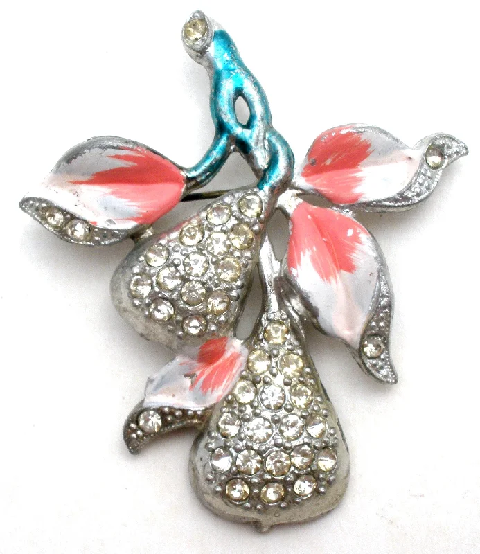 Ladies zen harmony brooches -Pot Metal Pear Enamel & Rhinestone Brooch Pin Vintage