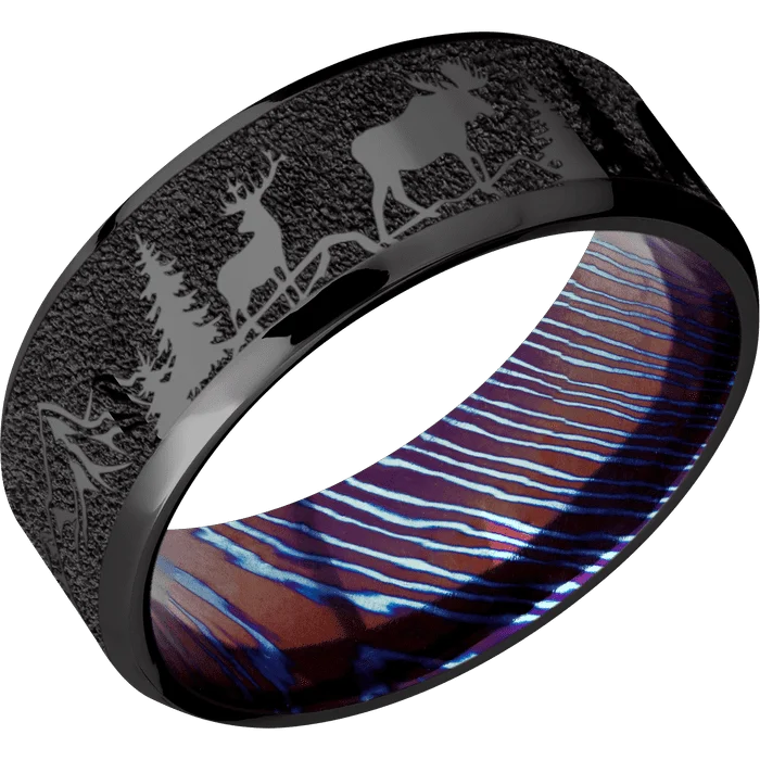 Ladies Rings with Pink Petalite-8mm wide Beveled Black Titanium Ring with Polish Finish / Bear Moose Deer Mountain Design / Kuro-Ti Sleeve