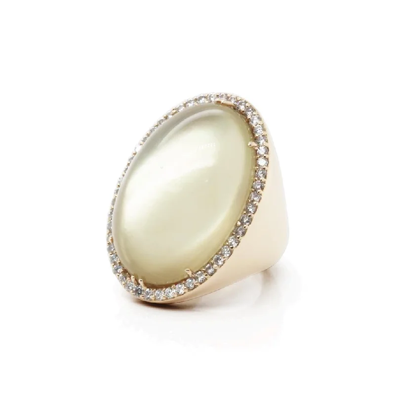 Ladies Rings with Blue Pectolite-18k Yellow Gold Large Oval White Mother-Of-Pearl Cabachon Citrine Ring