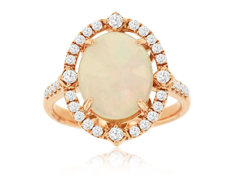 Ladies Rings with Peach Carnelian-14K Rose Gold Oval Opal Halo RIng