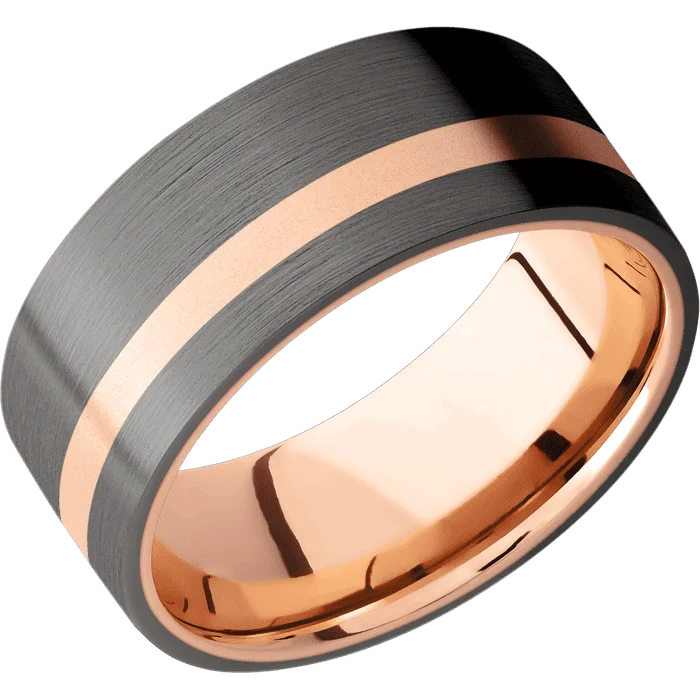 Ladies Rings with Pink Tourmaline-9mm wide Flat Darkened Tantalum Ring with Satin Finish / One 2mm Off Center 14k Rose Gold Inlay with Bead Blast Finish / 14k Rose Gold Sleeve