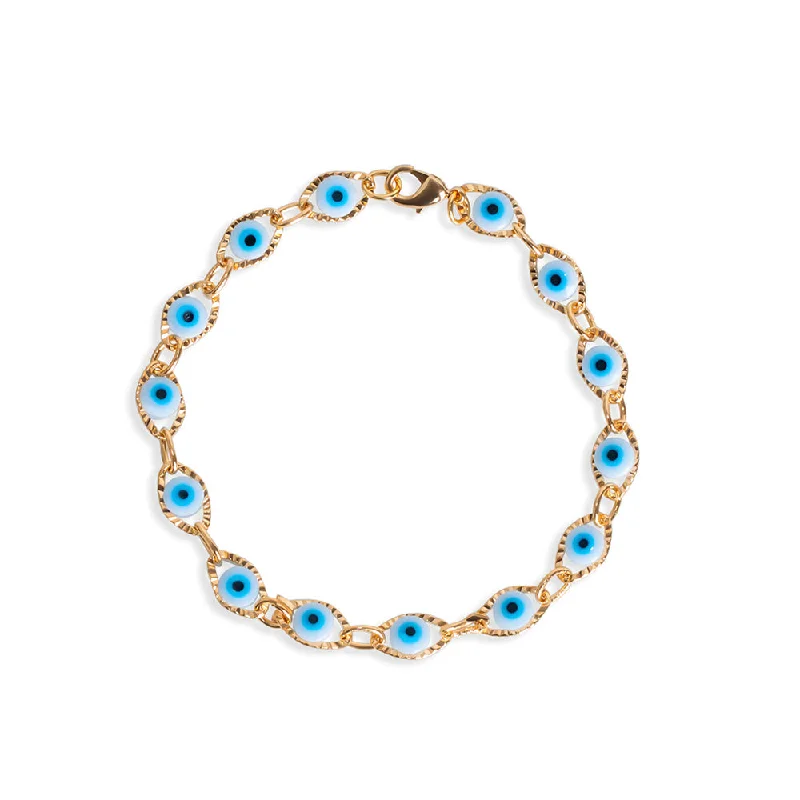 Ladies hefty gleam bracelets -The White & Blue Evil Eye Ornate Bezel Bracelet