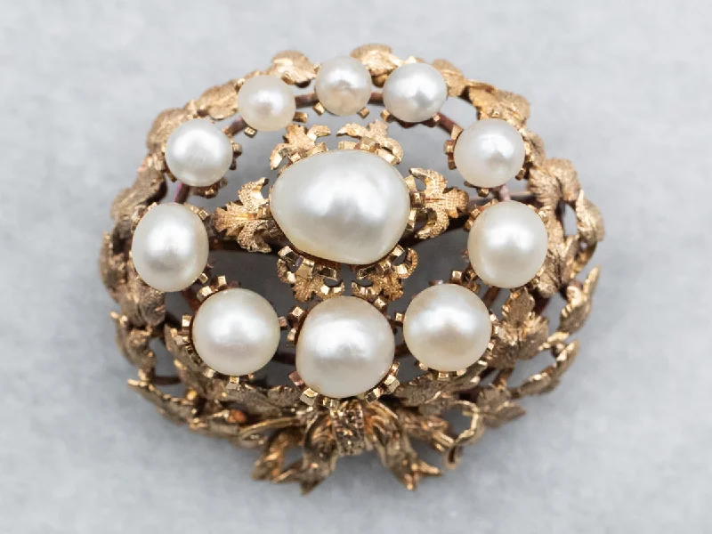 Ladies wave shine brooches -Yellow Gold Pearl Cluster Botanical Brooch