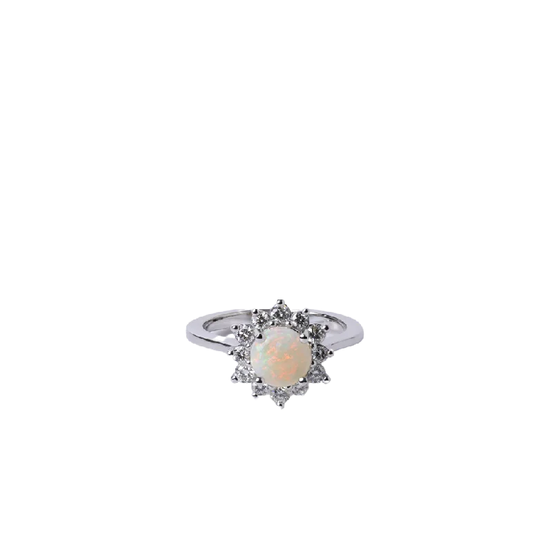 Ladies Rings with Square Glow-14k White Gold Opal and Diamond Halo Ring