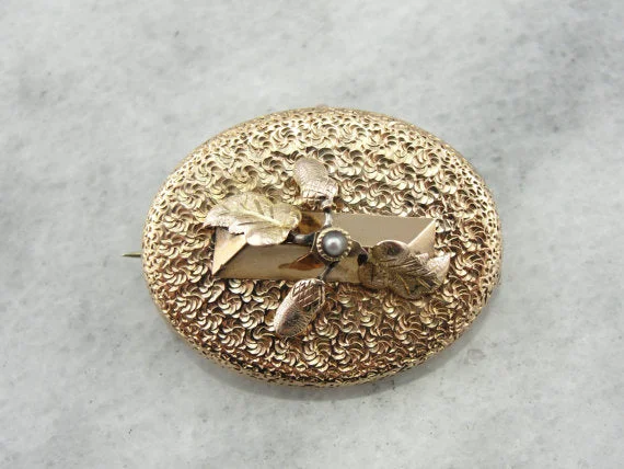 Ladies trendy vibe brooches -Victorian Acorn and Leaves Brooch with Seed Pearl Detail