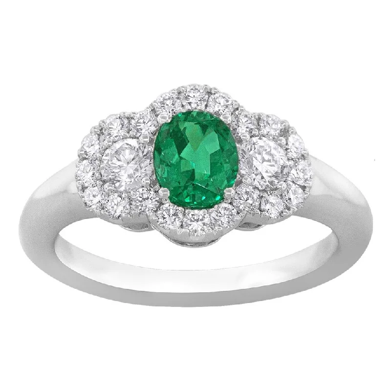 Ladies Rings with White Phenakite-18k White Gold Emerald and Diamond 3 Stone Ring