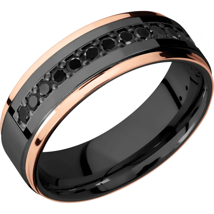 Ladies Rings with Rainbow Fluorite-7mm wide Flat Grooved Edges Black Titanium Ring with Polish Finish / Two 1mm Edge 18k Rose Gold Inlay with Polish Finish / Half Eternity Round .03 carat Black Diamond Bead-Set Gemstones