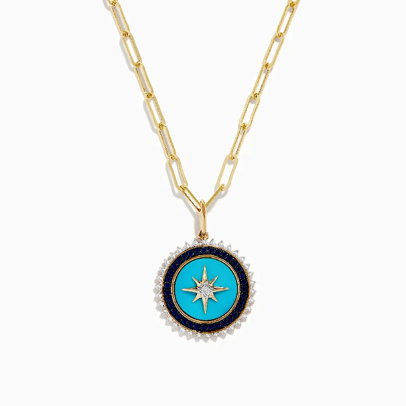 Ladies moonlit spark necklaces -Novelty 14K Gold Sapphire, Turquoise & Diamond Compass Paperclip chain necklace