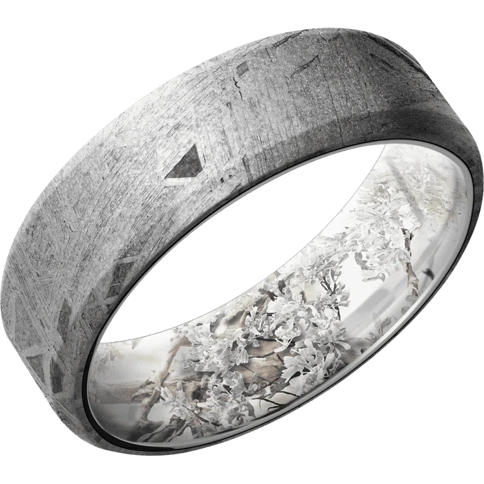 Ladies Rings with Soft Morganite-7mm wide Beveled Meteorite Ring / Kings Snow Camo Sleeve