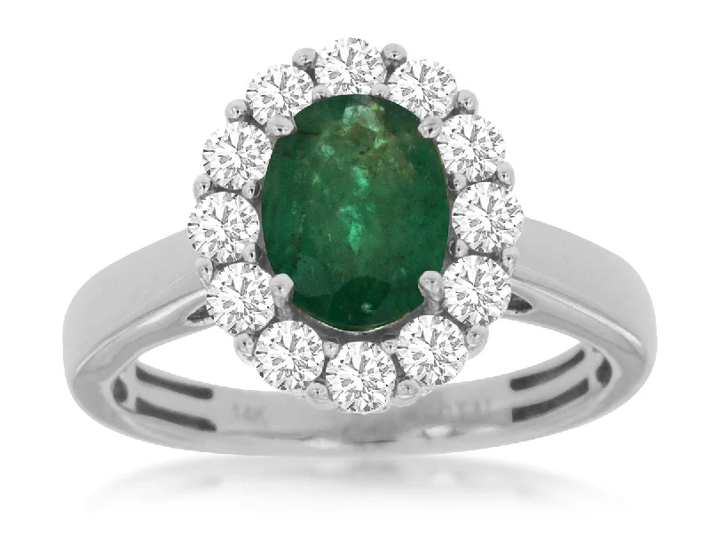 Ladies Rings with Arrow Spark-14K White Gold Oval Emerald with a Round Diamond Halo Ring