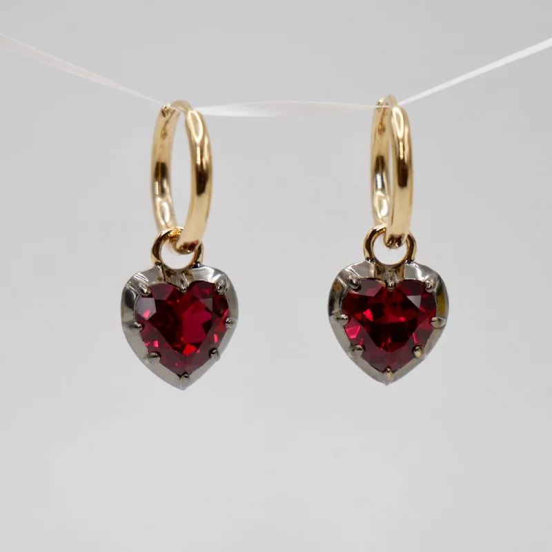 Ladies Earrings for Bestie Spark-2 Ct Heart Cut Ruby Georgian Victorian Blackened 18K Gold Earrings