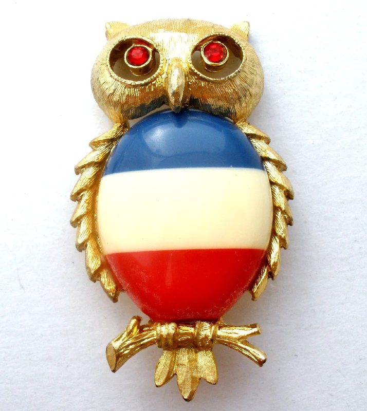 Ladies urban sleek brooches -JJ Red White & Blue Owl Brooch Pin Vintage