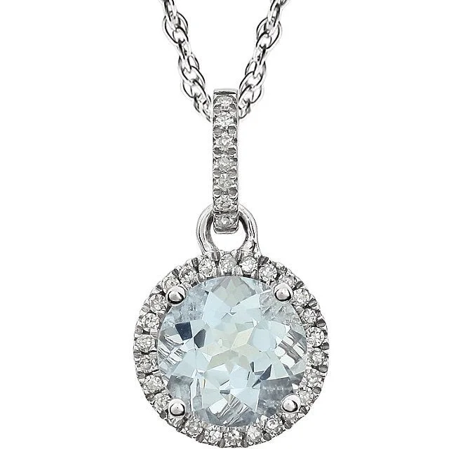 Ladies jet black necklaces -14KT WHITE GOLD 1.00 CT AQUAMARINE & .10 CTW DIAMOND HALO NECKLACE