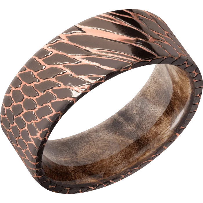 Ladies Rings with Plum Axinite-8mm wide Flat Darkened Superconductor Ring with Polish Etched Superconductor Finish / Maple Burl Sleeve