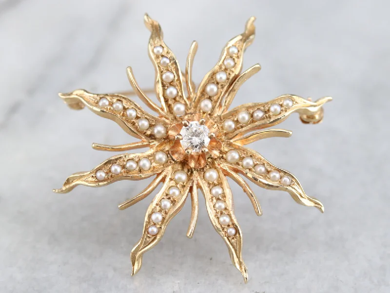 Ladies desert dune brooches -Victorian Diamond Pearl Starburst Brooch