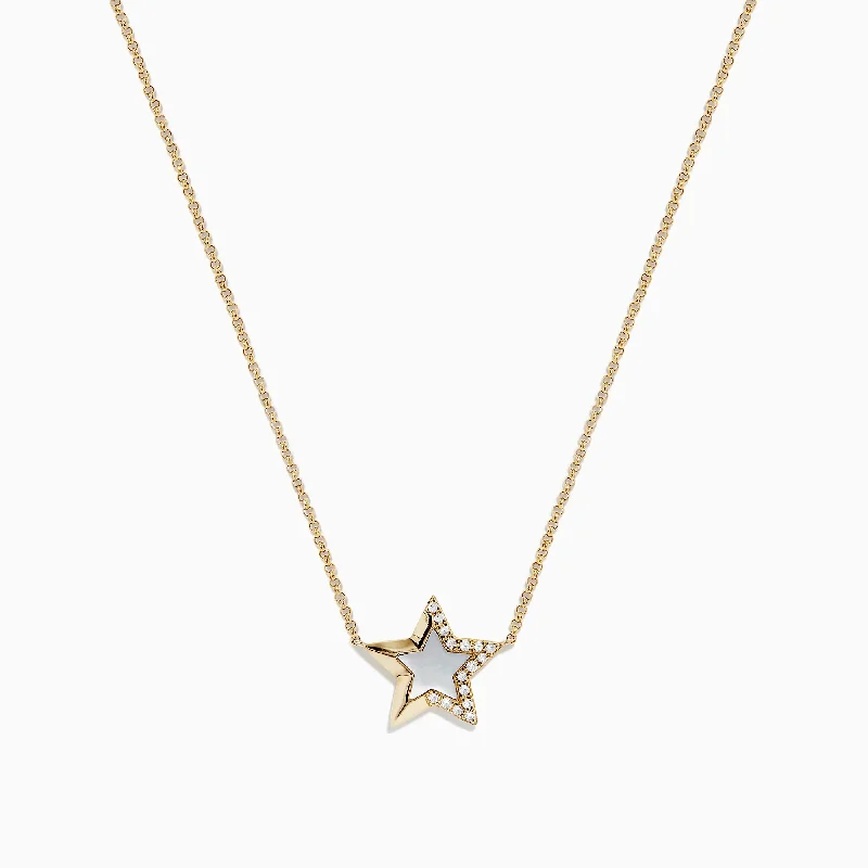 Ladies starry charm necklaces -Novelty 14K Gold Mother of Pearl and Diamond Star Necklace, 0.06 TCW