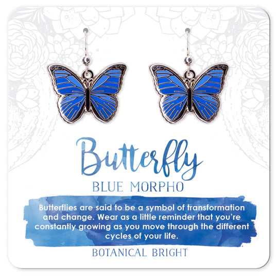 Ladies Earrings with Wave Spark-Botanical Bright Dangle Earrings - Blue Morpho Butterfly