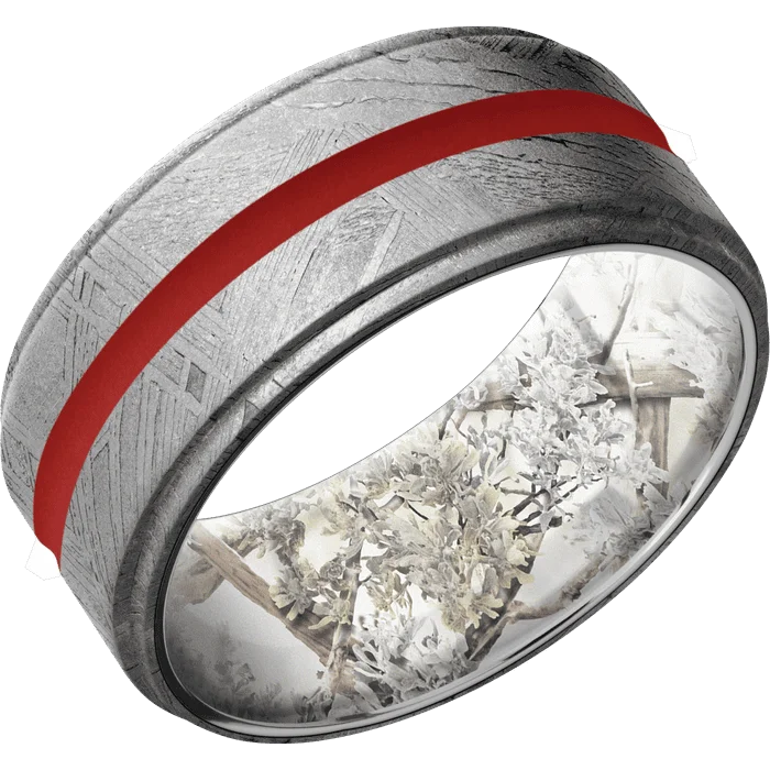 Ladies Rings for Festive Shine-10mm wide Flat Grooved Edges Meteorite Ring / One 2mm Centered USMC Red Cerakote Inlay / Kings Snow Camo Sleeve