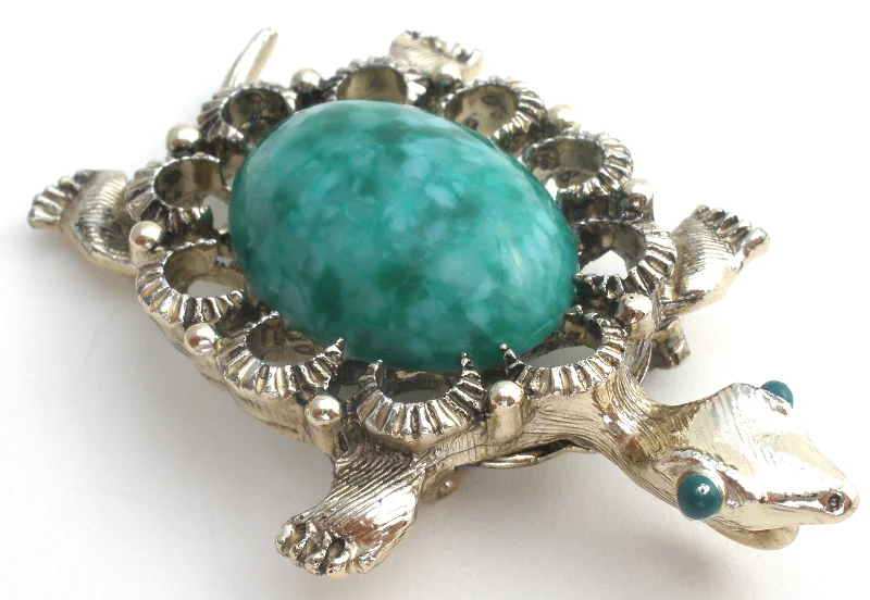 Ladies daring glow brooches -Gerry's Green Glass Stone Turtle Brooch Pin