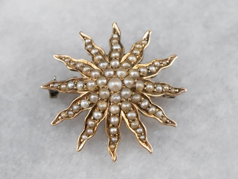 Ladies seaside shell brooches -Victorian Seed Pearl Starburst Brooch Pendant