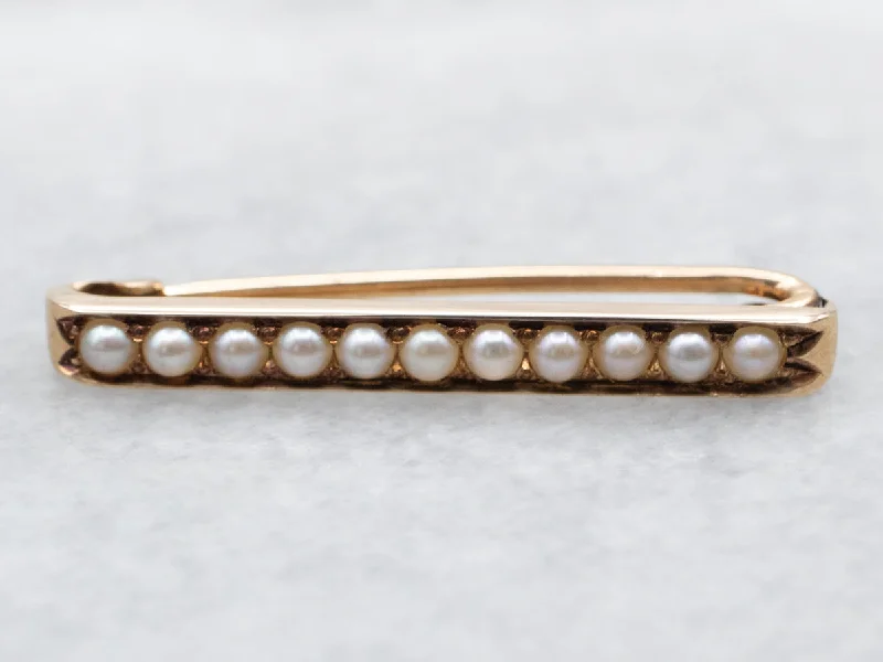 Ladies vibrant fashion brooches -Yellow Gold Seed Pearl Bar Brooch