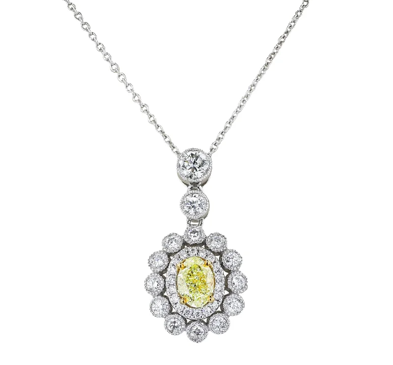 Ladies anchor gleam necklaces -JULEVE 18KT WHITE GOLD 0.91CTW YELLOW DIAMOND & 0.82CTW DIAMOND HALO NECKLACE